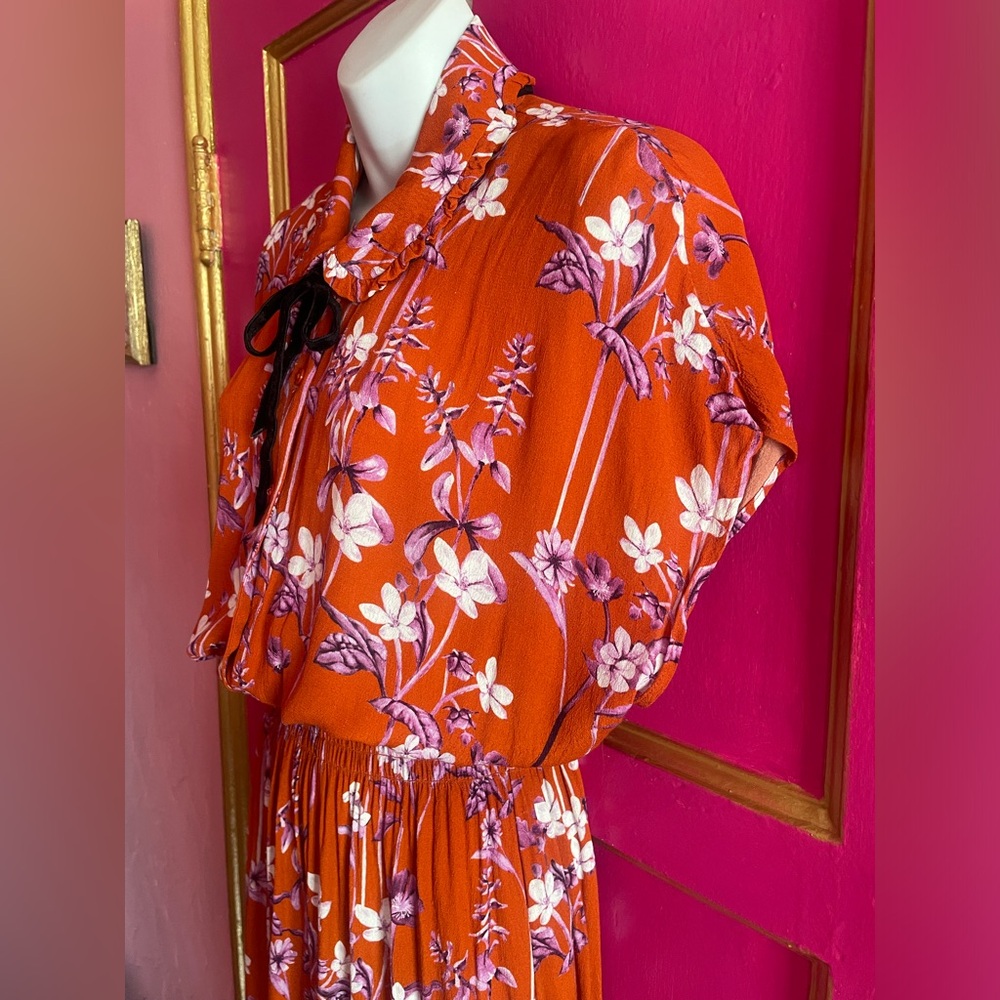 Rare Corey Lynn Calter orange & purple flower Clementine dress with velvet tie - Picture 9 of 10